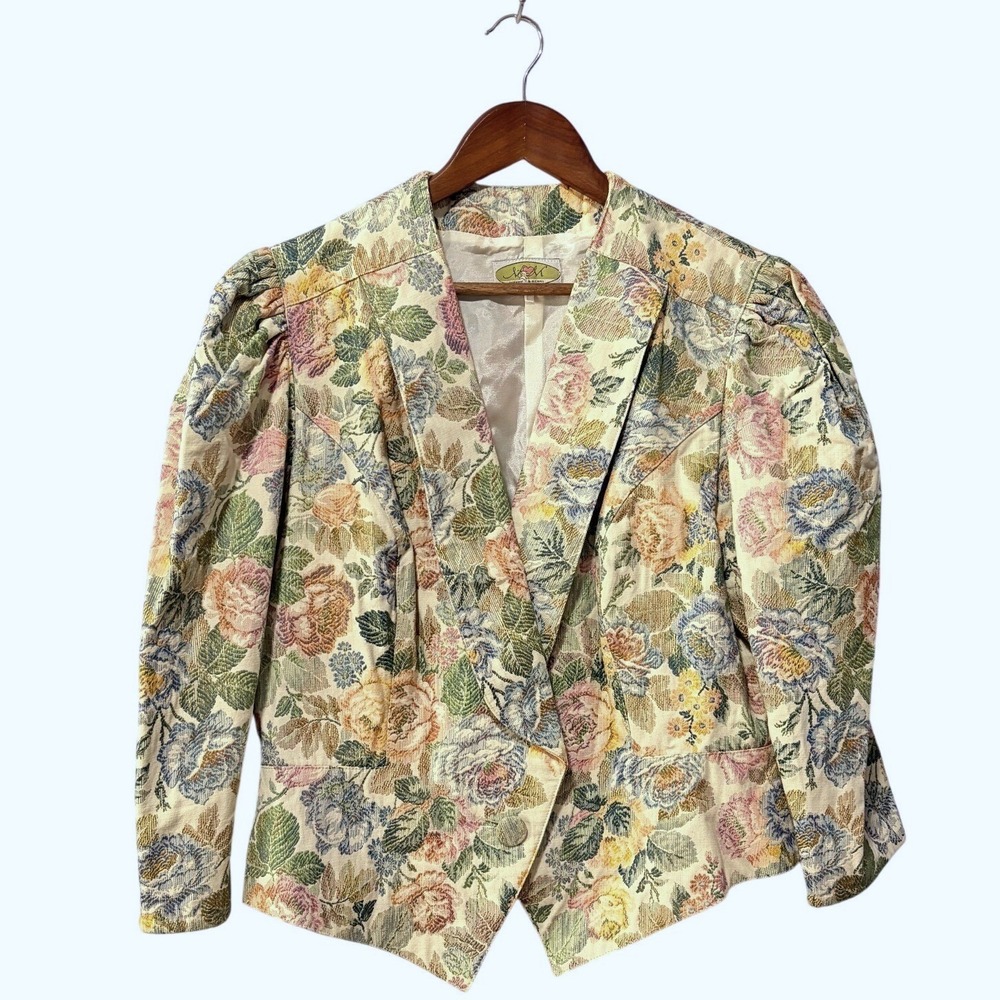 Marianne & Michael Vintage Floral Tapestry Blazer Puff Shoulder Made Germany 44